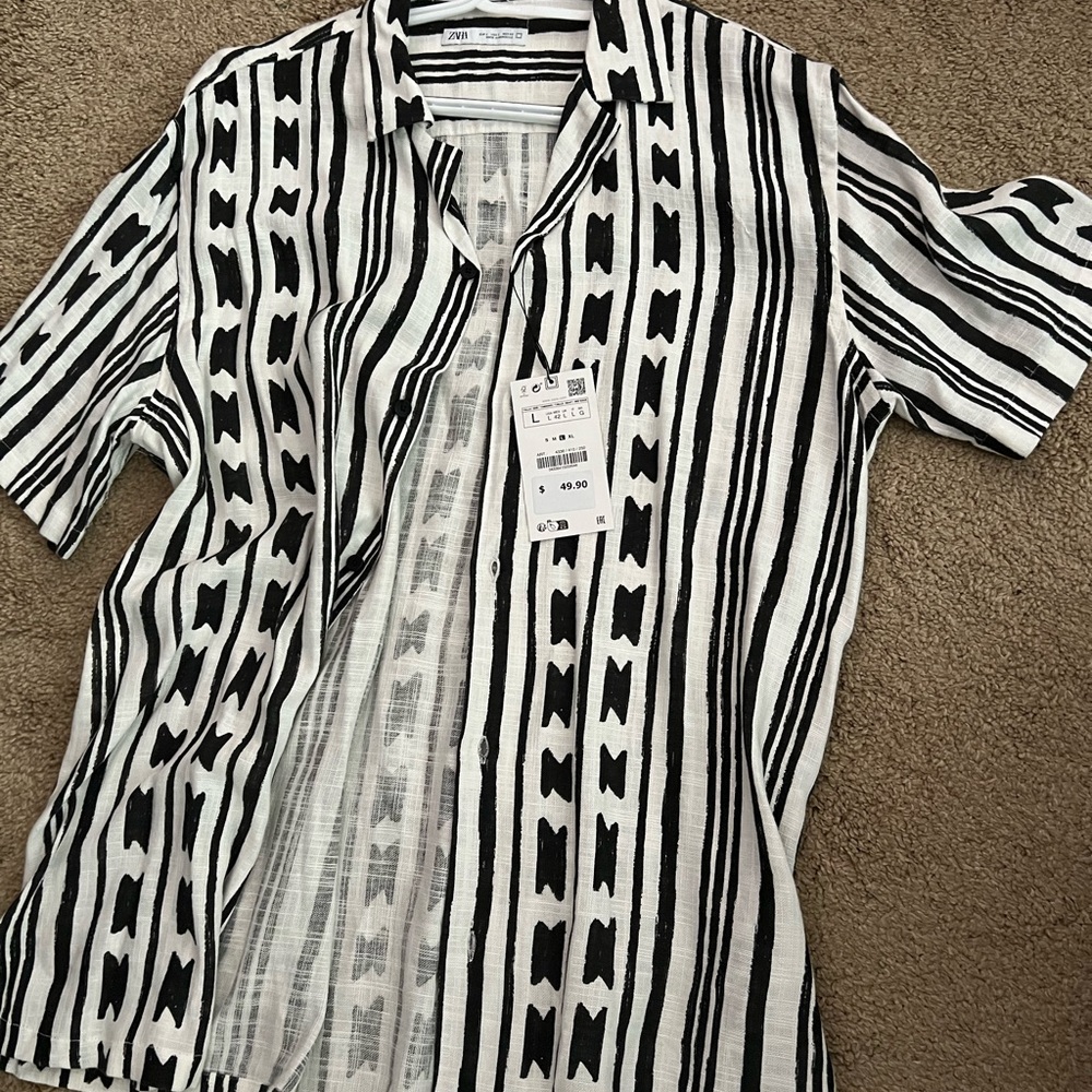 ZARA Man Button Down Short Sleeves Shirt Geometric Print Linen Blend Size